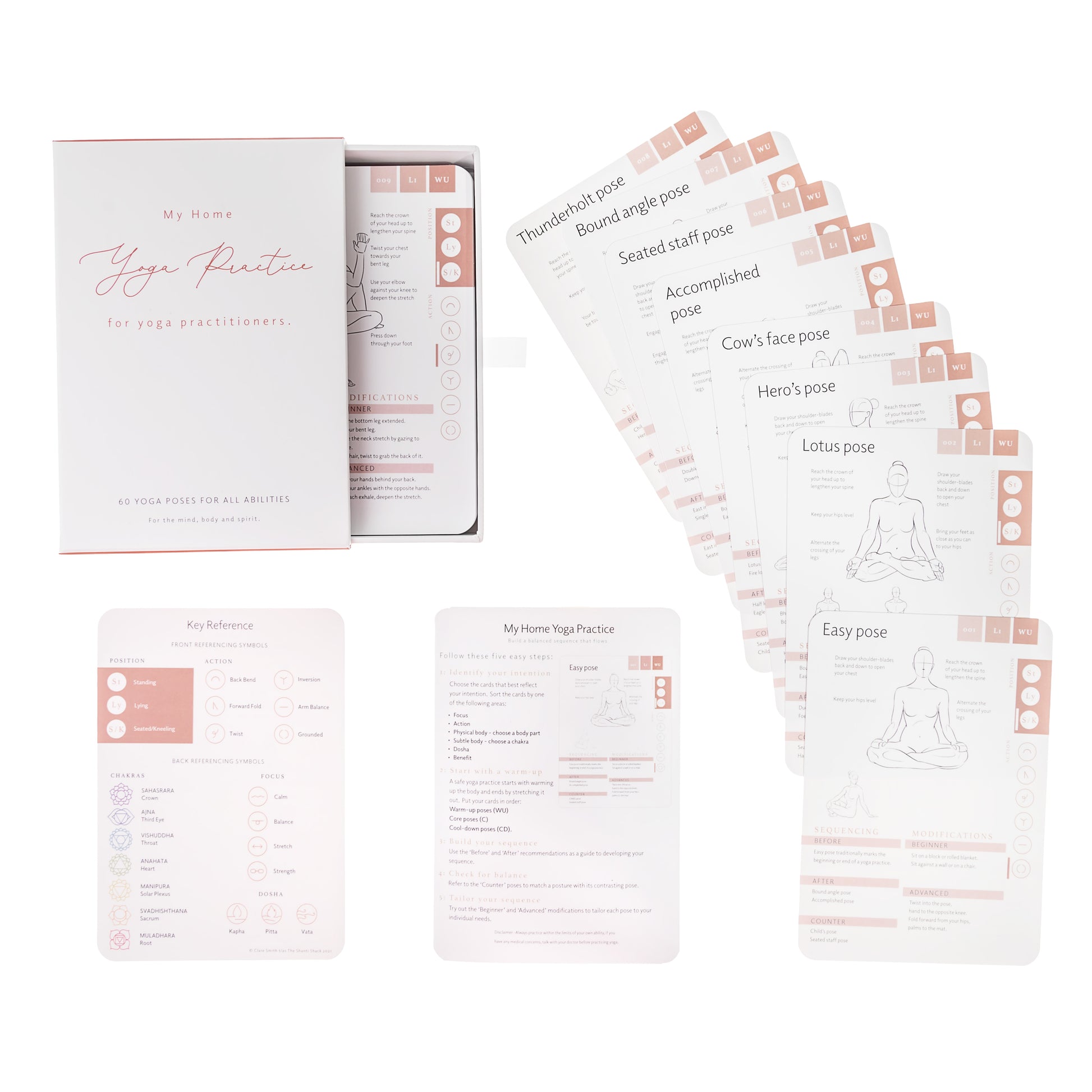 Yoga flashcards in a box and others fanned to reveal illustrated yoga poses and instructions